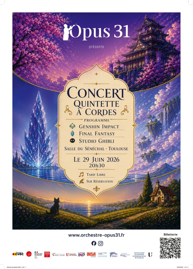 Affiche de concert pour un événement en quintette à cordes - 29 Juin 2026 - 20h30 - Salle du Sénéchal - Final Fantasy - Genshin Impact - Studio Ghibli