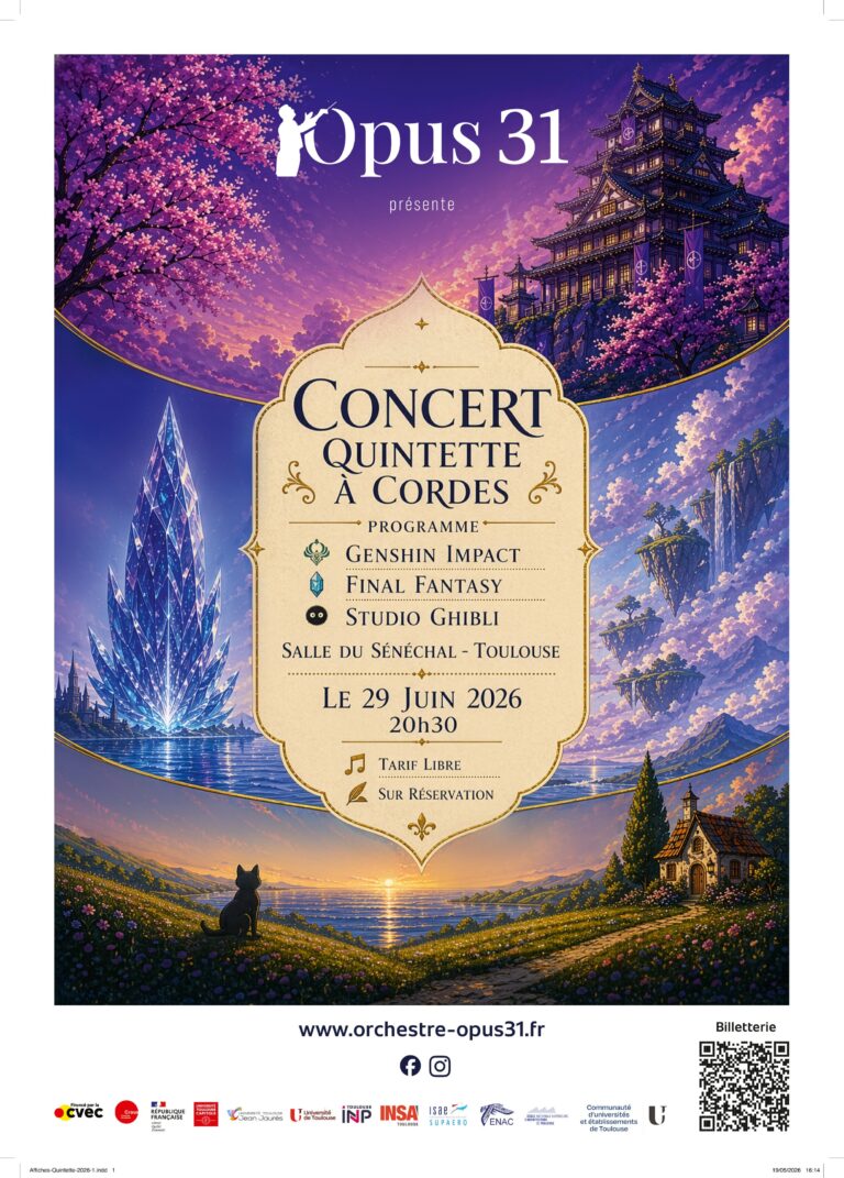 Affiche de concert pour un événement en quintette à cordes - 29 Juin 2026 - 20h30 - Salle du Sénéchal - Final Fantasy - Genshin Impact - Studio Ghibli